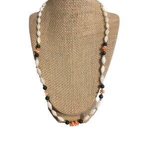 Vintage Beaded Necklace Pearl Jade Coral Beads Metal Barrel Clasp 24"